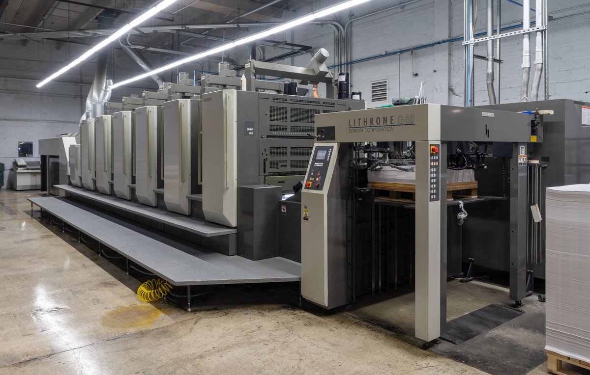 Komori Lithrone press on the floor at Solo Printing in Miami