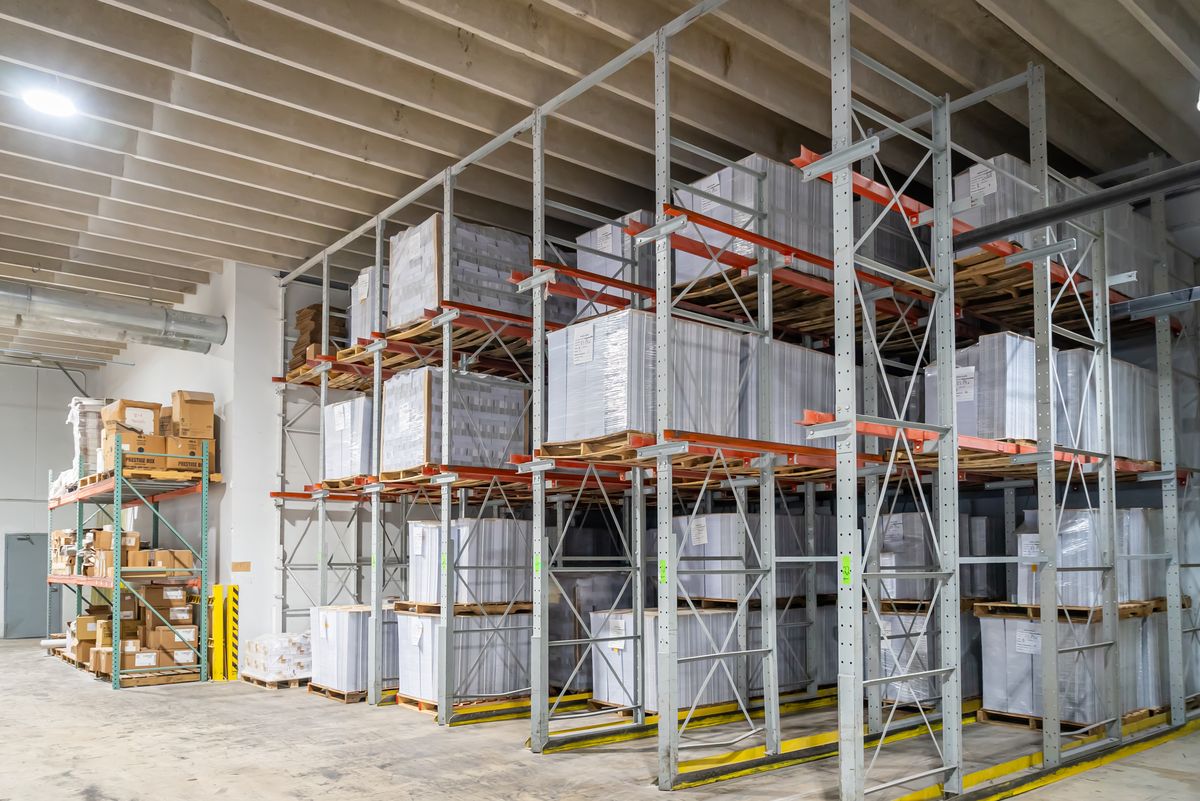 Paper stock warehouse at the Solo Printing facility in Miami