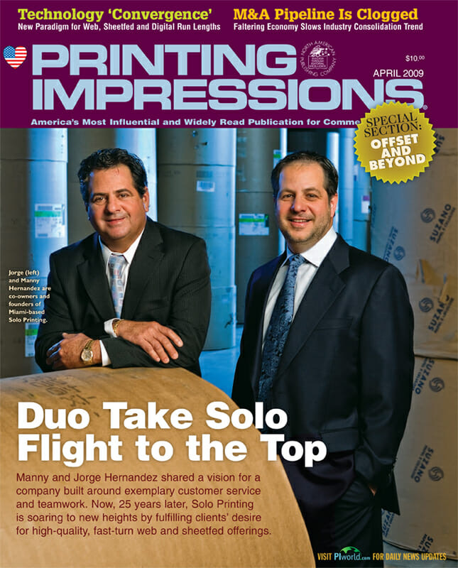 Founders Jorge, left, and Manny Hernandez on the cover of Printing Impressions magazine, April 2009